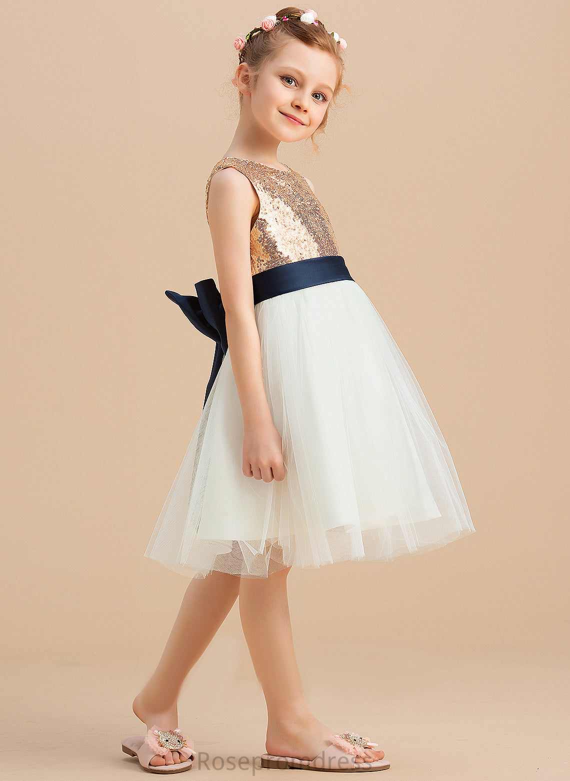 Knee-length Flower (Undetachable Girl Neck Sleeveless With Dress A-Line Satin/Tulle/Sequined Sequins/Bow(s) Flower Girl Dresses Scoop Paityn sash)