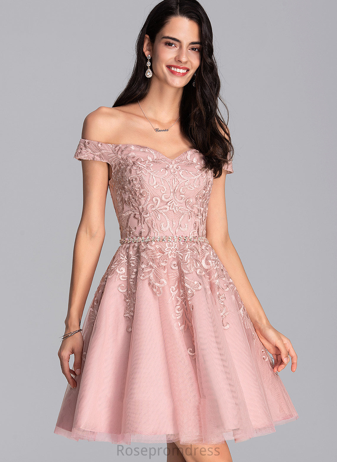 Dress With Off-the-Shoulder Tulle Short/Mini Homecoming Skye A-Line Homecoming Dresses Lace Beading