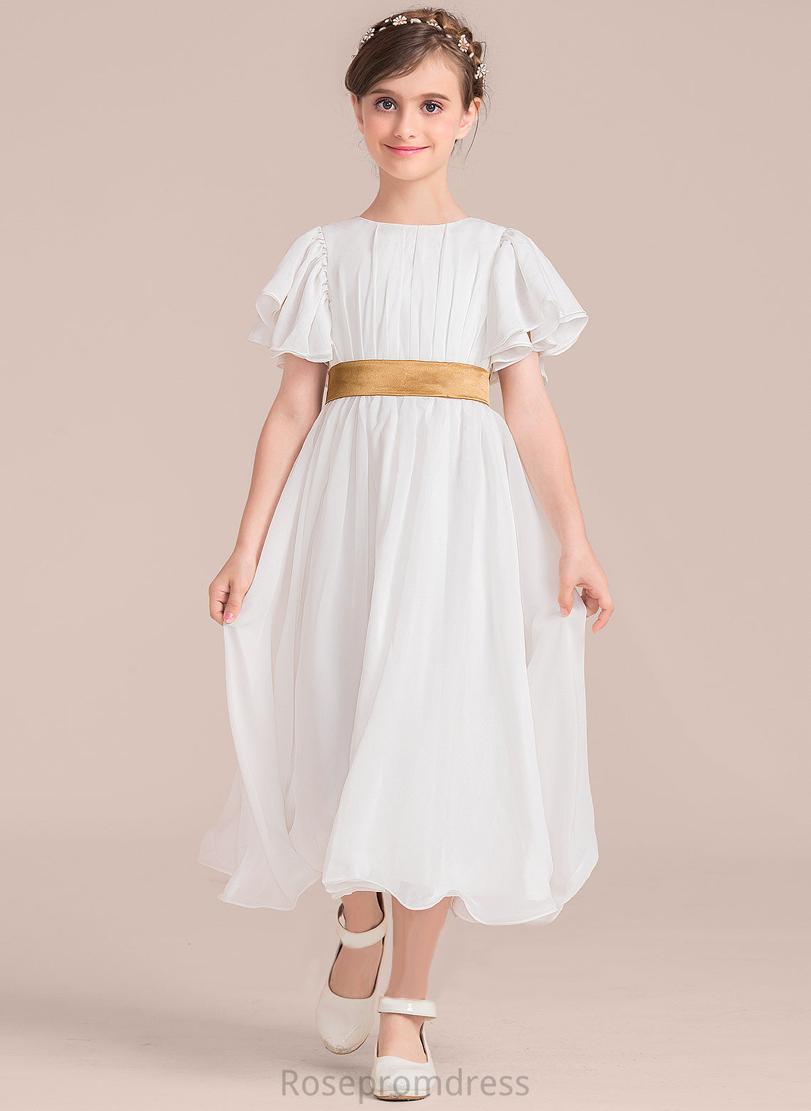 Chiffon/Charmeuse Girl Sash Bria Sleeves A-Line Short With Tea-length Flower Girl Dresses - Dress Neck Scoop Flower