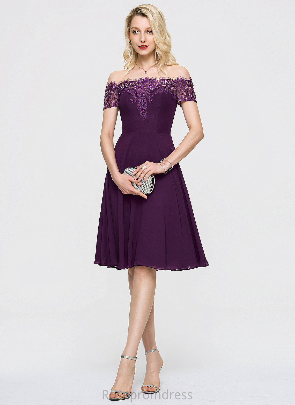 Knee-Length Lace Cocktail Dresses A-Line Lydia With Cocktail Chiffon Lace Off-the-Shoulder Beading Dress