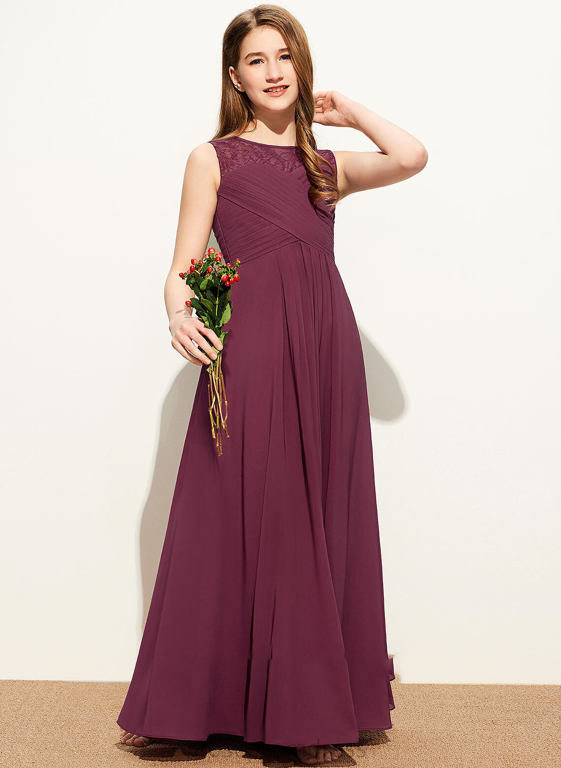 Bow(s) Floor-Length Gracie Ruffle Chiffon Scoop Neck Junior Bridesmaid Dresses A-Line Lace With