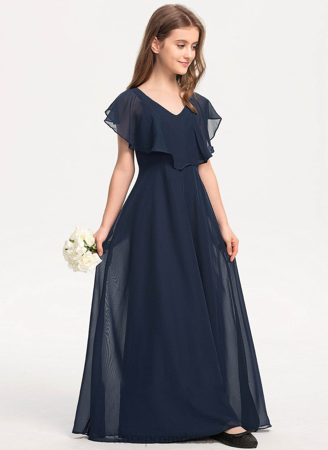 Chiffon V-neck Floor-Length Viv Junior Bridesmaid Dresses A-Line