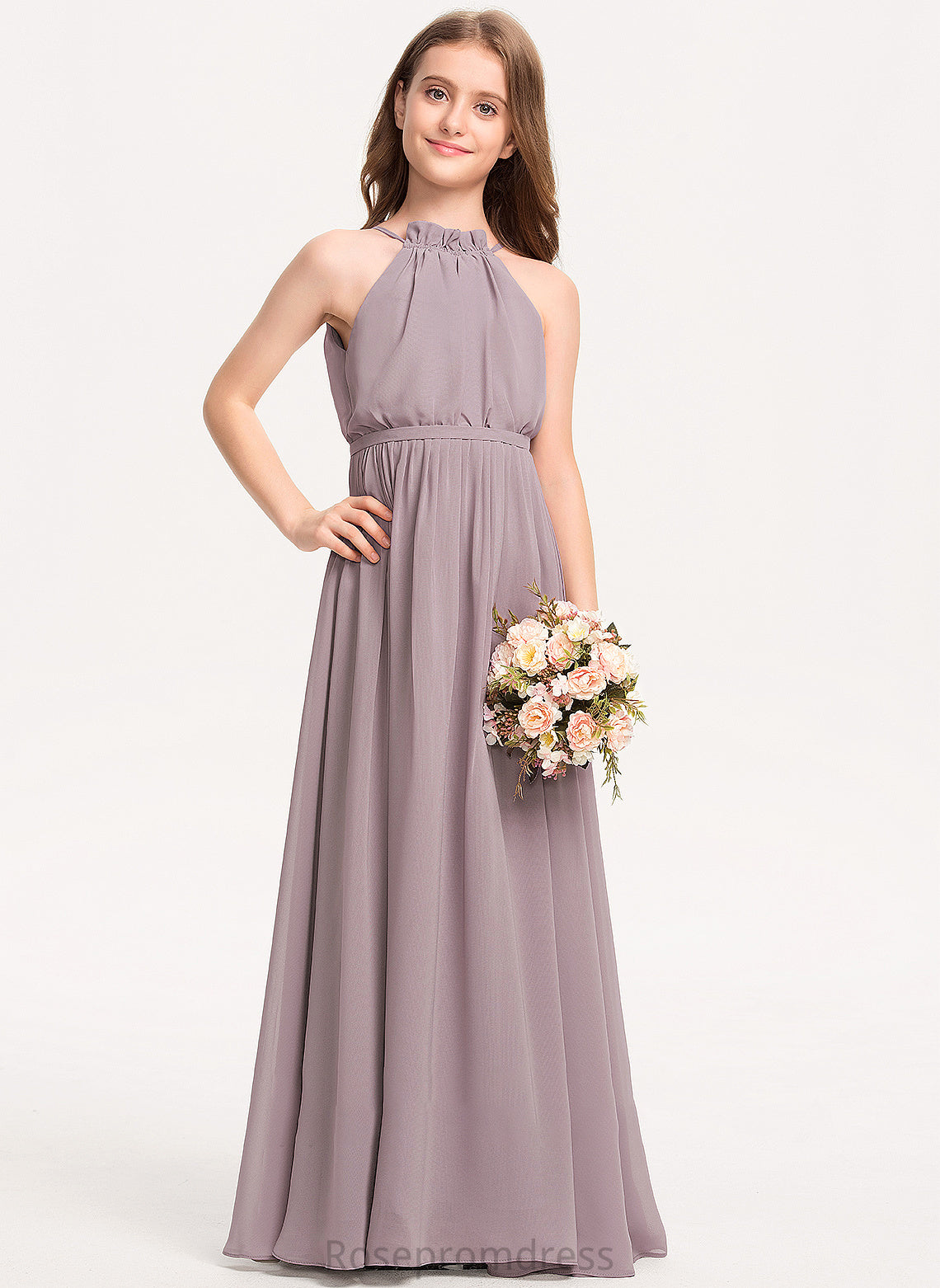 Junior Bridesmaid Dresses Chiffon Bow(s) Cascading Ruffles Uerica Neck With High A-Line Floor-Length