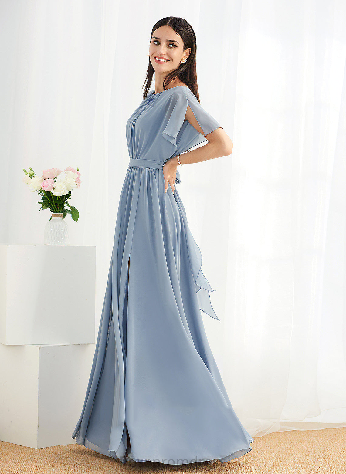 Straps Silhouette Ruffle Fabric Floor-Length SplitFront A-Line Embellishment Length Mariana A-Line/Princess Knee Length Bridesmaid Dresses