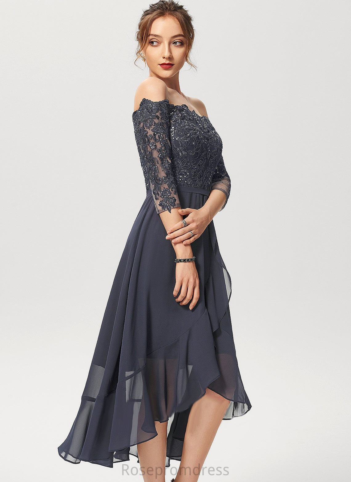 Chiffon Sequins Dress Off-the-Shoulder Asymmetrical A-Line Kaitlin With Lace Cocktail Dresses Cocktail