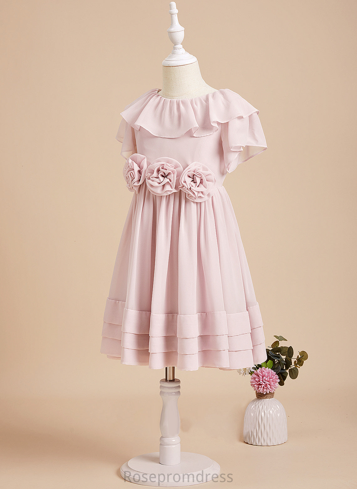 Knee-length Flower With Girl Scoop Dress Neck A-Line Flower Girl Dresses Sleeves Back Short - Ruffles/Flower(s)/V Chiffon Kaia