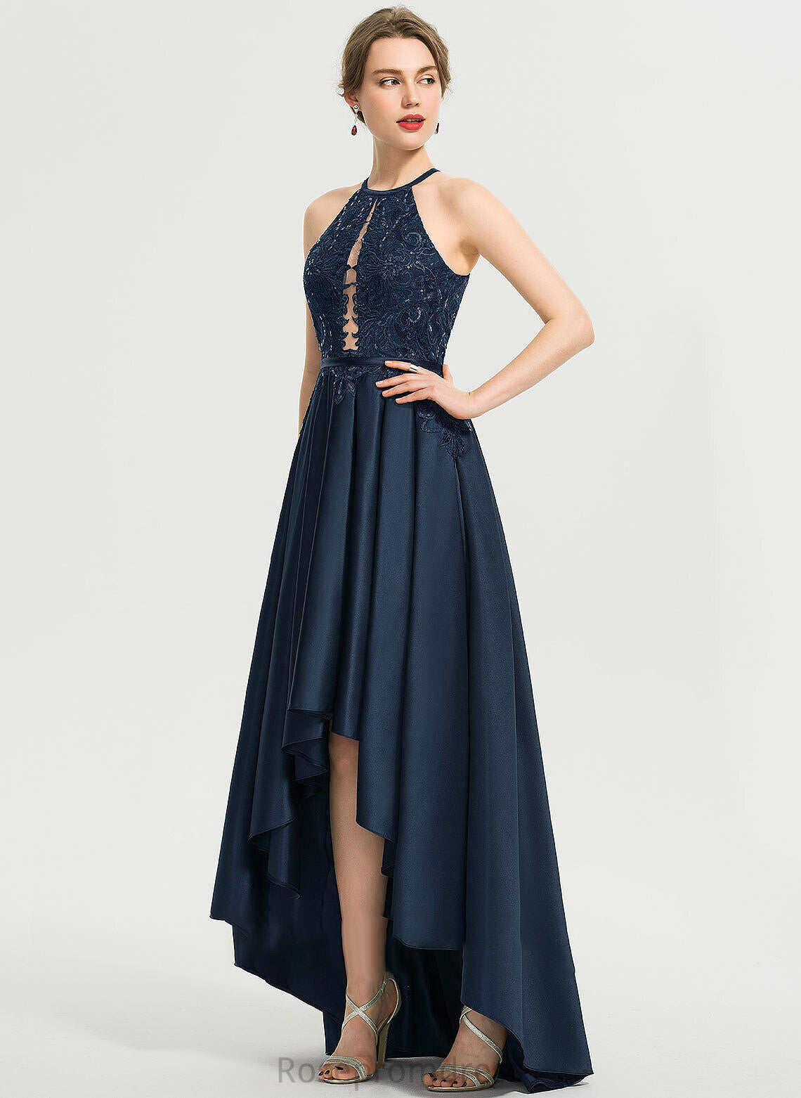 Andrea A-Line Prom Dresses Sequins Scoop Asymmetrical With Neck Satin