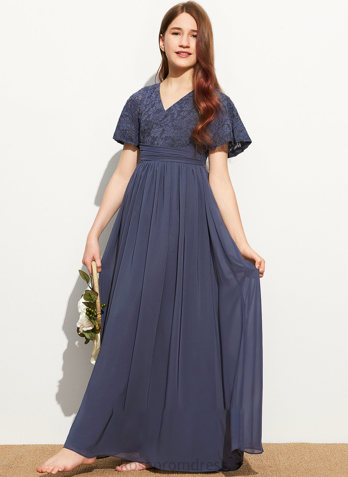 Lace Maci Junior Bridesmaid Dresses V-neck Chiffon Floor-Length With Bow(s) A-Line