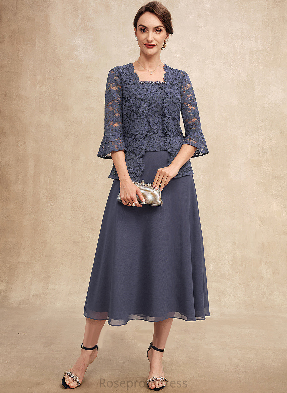 of Neckline Bride Mother Lace Chiffon Mother of the Bride Dresses A-Line With the Tea-Length Kaitlyn Square Dress Beading