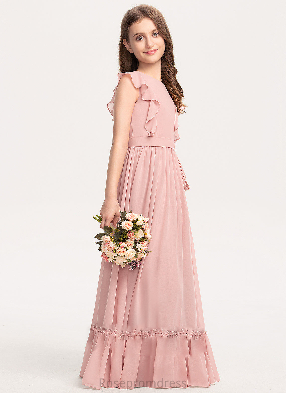 Jean Floor-Length With Scoop A-Line Chiffon Cascading Bow(s) Neck Junior Bridesmaid Dresses Ruffles