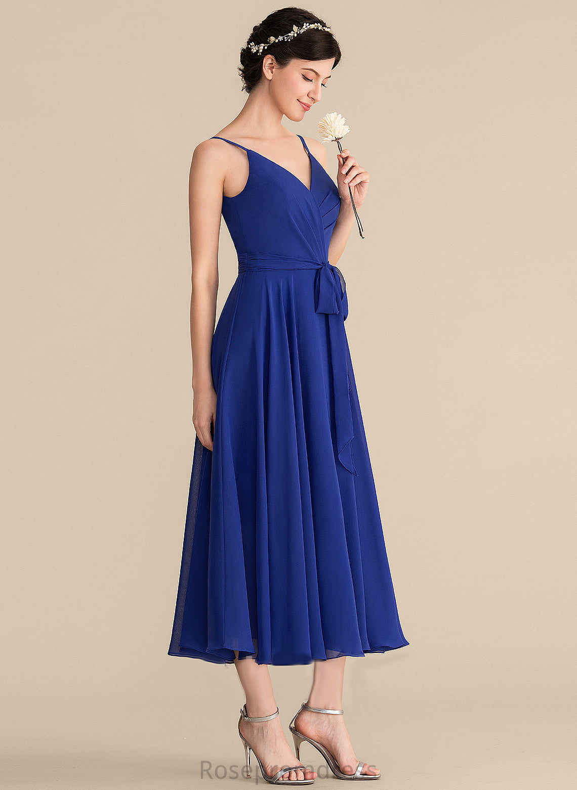 Neckline Tea-Length Silhouette A-line Embellishment Fabric V-Neck Length Cloe Bridesmaid Dresses