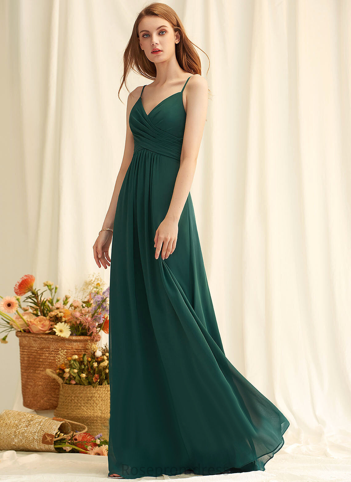 Fabric Embellishment Length Silhouette Floor-Length A-Line Pleated V-neck Neckline Muriel Bridesmaid Dresses