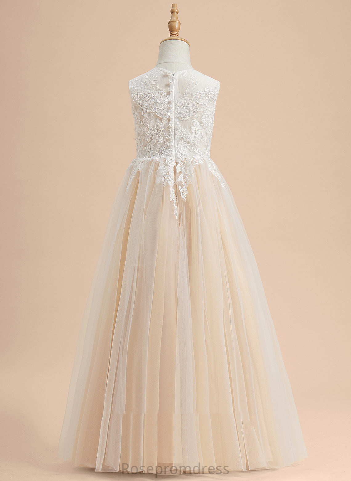 Girl Neck Tiara A-Line Flower Scoop Sleeveless Lace/Beading Tulle Floor-length Dress - With Flower Girl Dresses