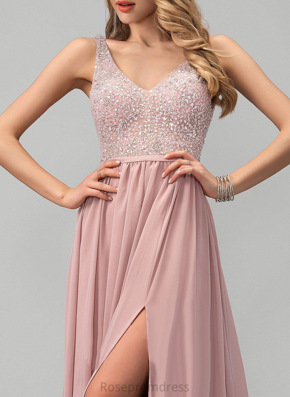 V-neck Floor-Length With Chiffon Beading Prom Dresses A-Line Cora Sequins