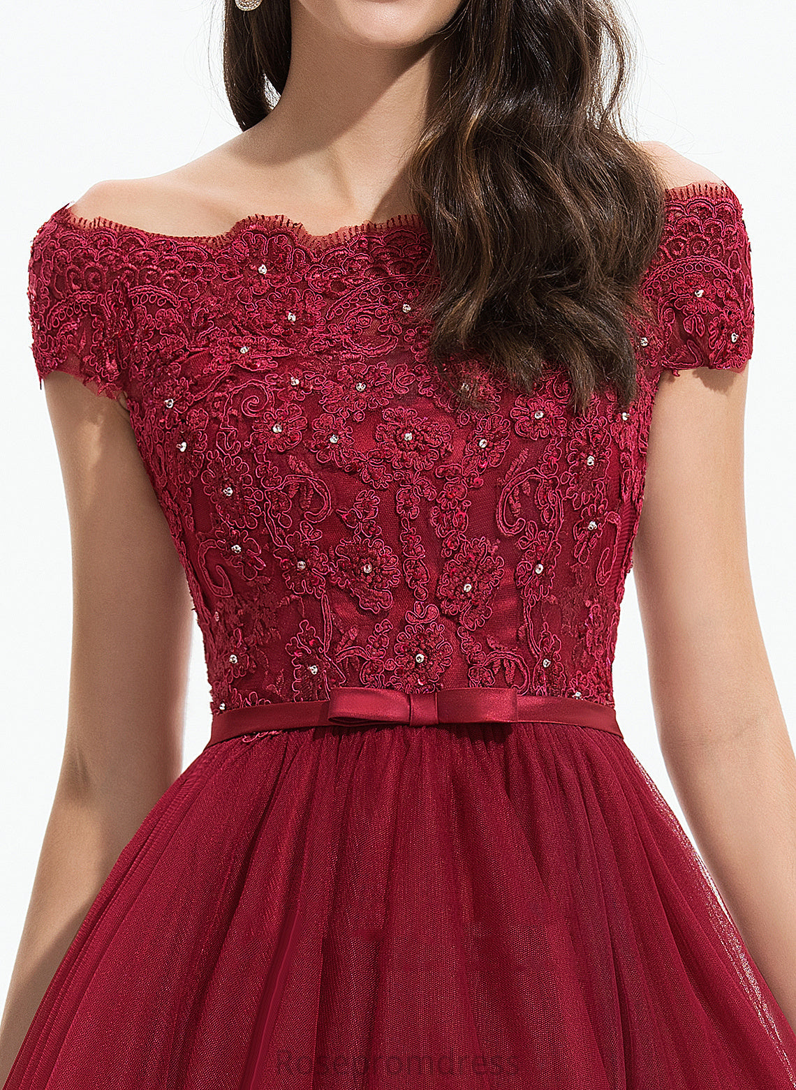 Asymmetrical Bow(s) Sequins With Beading Lace Tulle A-Line Off-the-Shoulder Dylan Prom Dresses