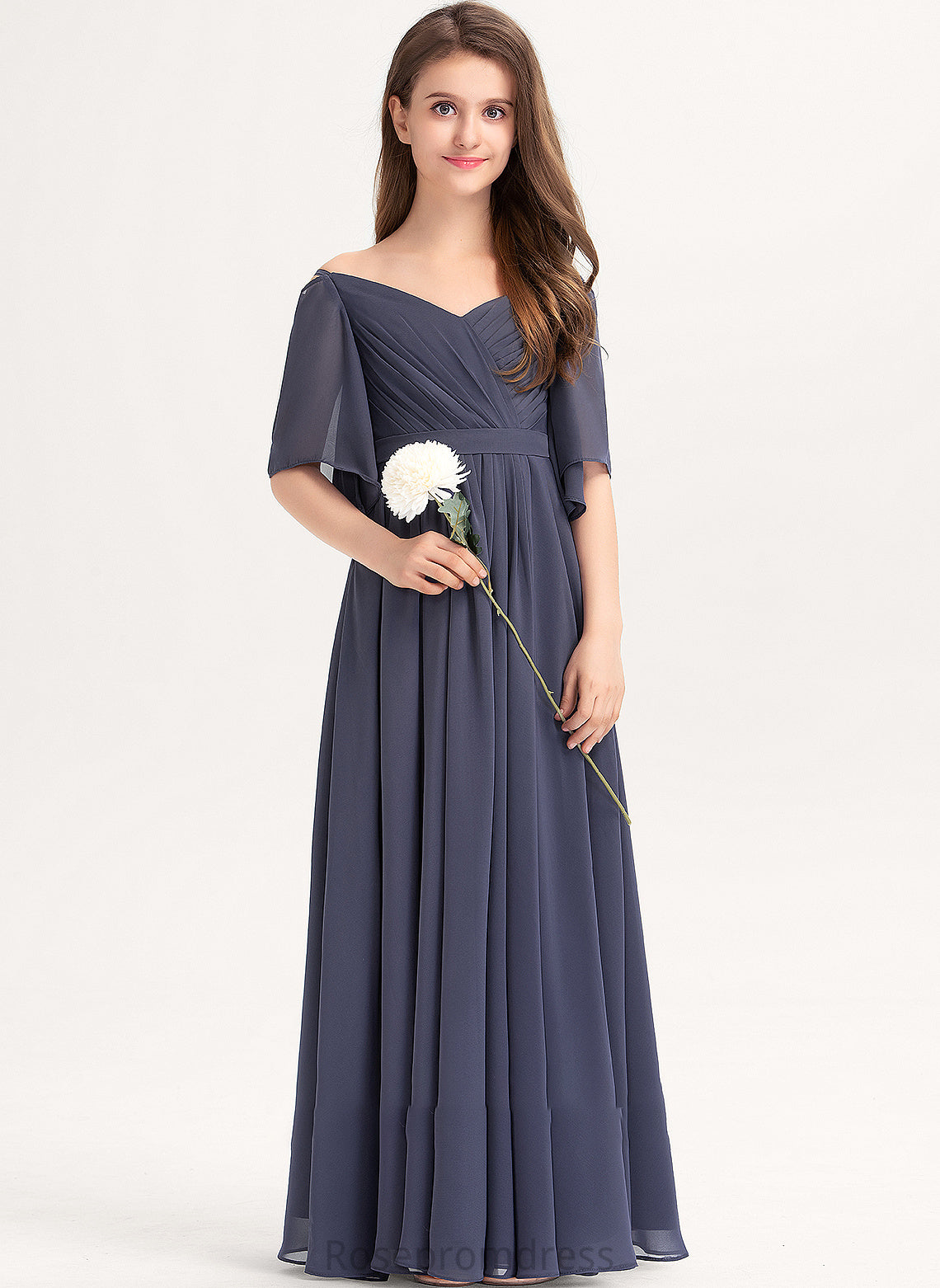 Bow(s) Junior Bridesmaid Dresses Off-the-Shoulder Floor-Length Ruffle Lilith With Chiffon A-Line