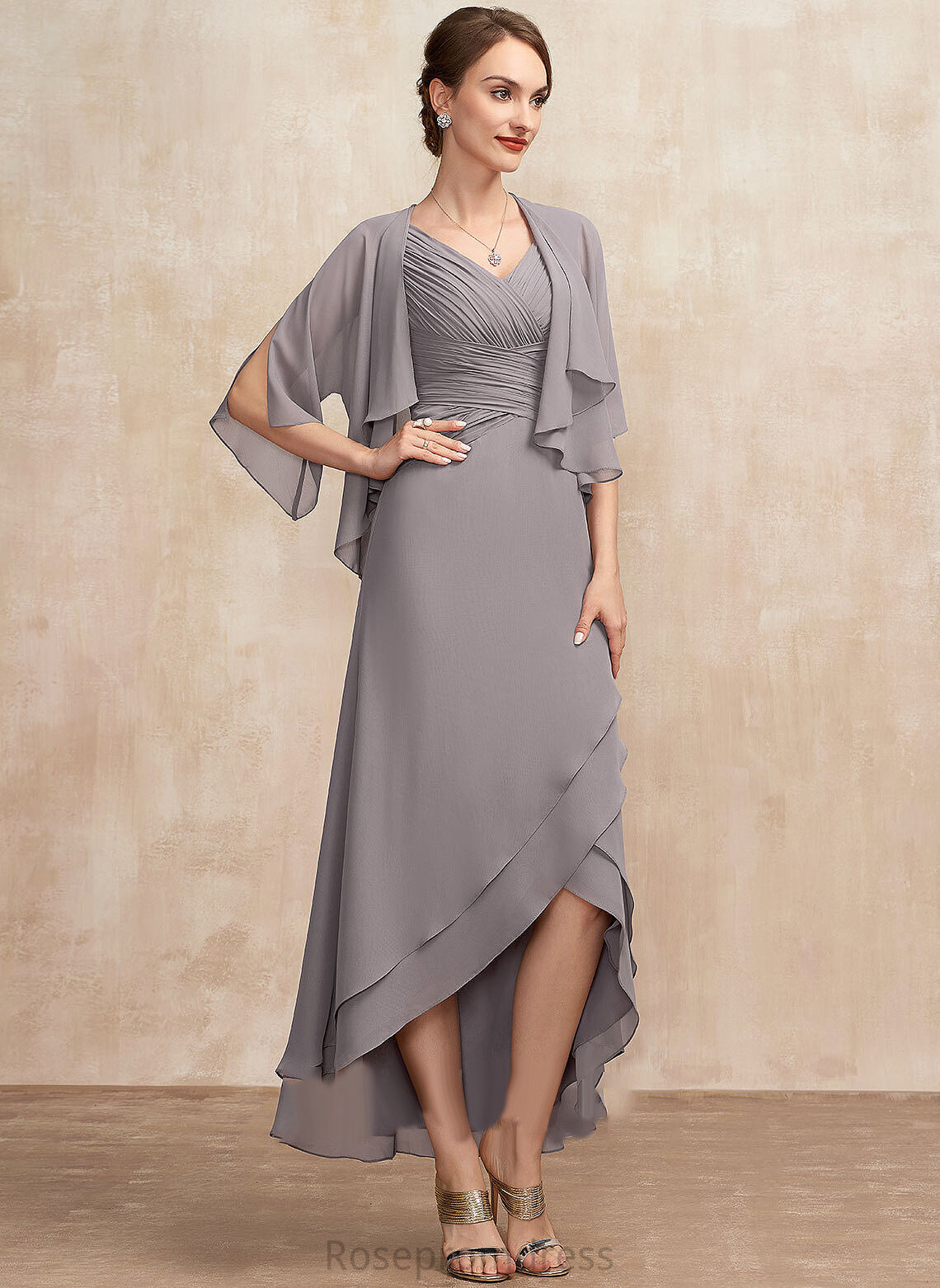 Marie Mother Ruffle A-Line of V-neck Mother of the Bride Dresses the Asymmetrical Bride Dress Chiffon With