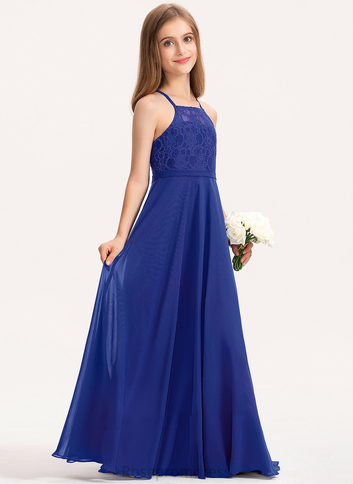 Junior Bridesmaid Dresses Vivian Neckline Lace Square Floor-Length Chiffon A-Line