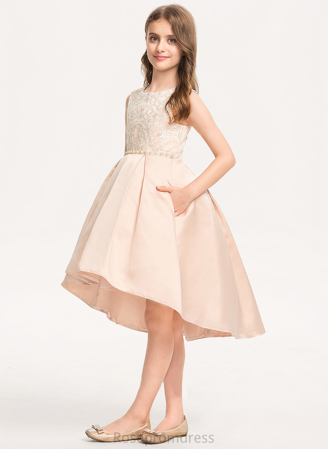 Pockets Asymmetrical A-Line Satin Lace Neck Junior Bridesmaid Dresses Scoop Beading With Mary