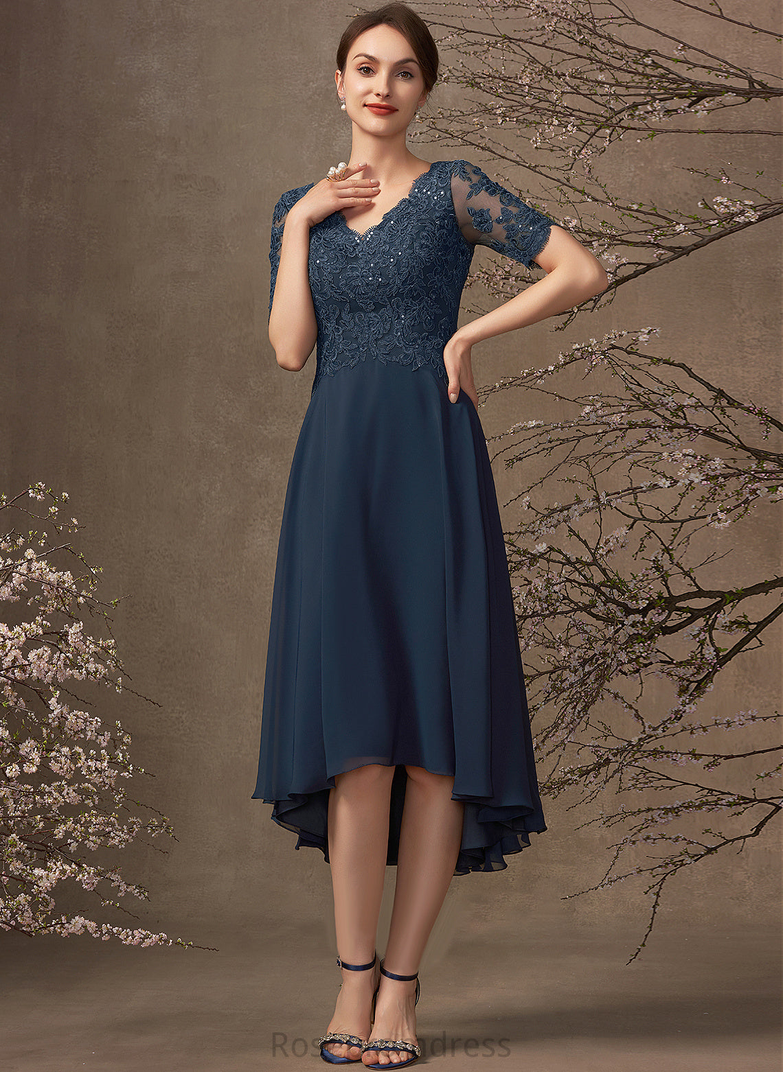 the Sequins Chiffon Bride Lace A-Line Mother With of Dress Asymmetrical V-neck Elle Mother of the Bride Dresses