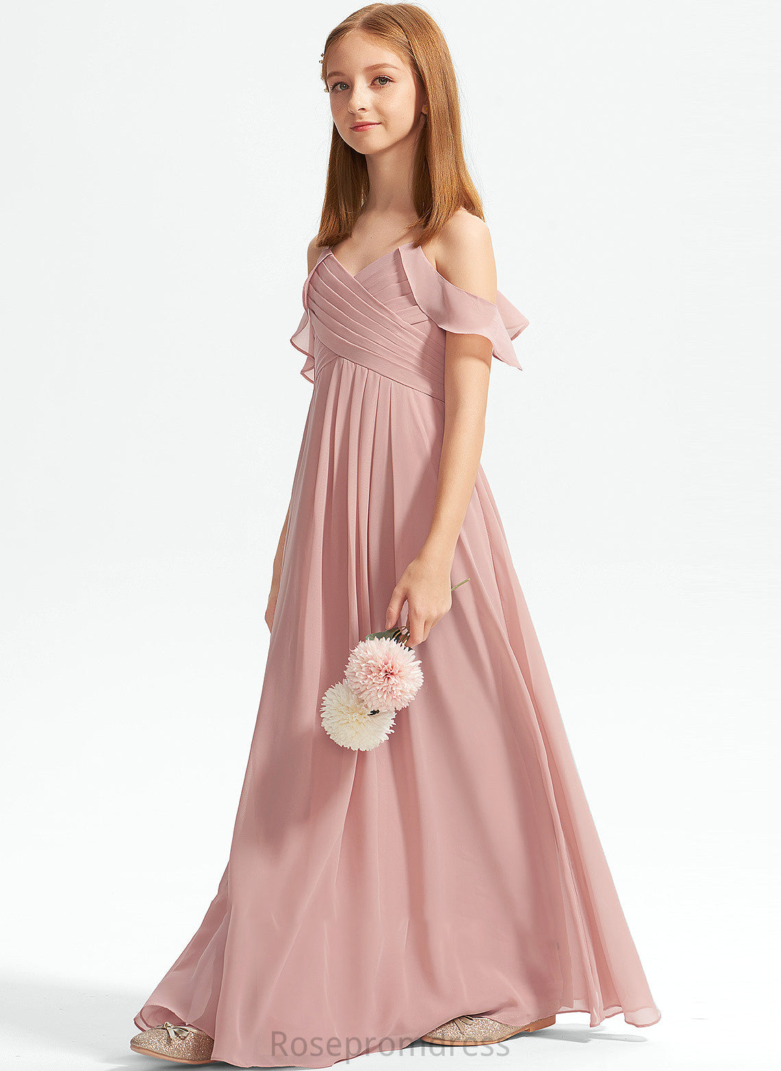 Junior Bridesmaid Dresses A-Line With Off-the-Shoulder Cascading Karen Ruffles Floor-Length Chiffon