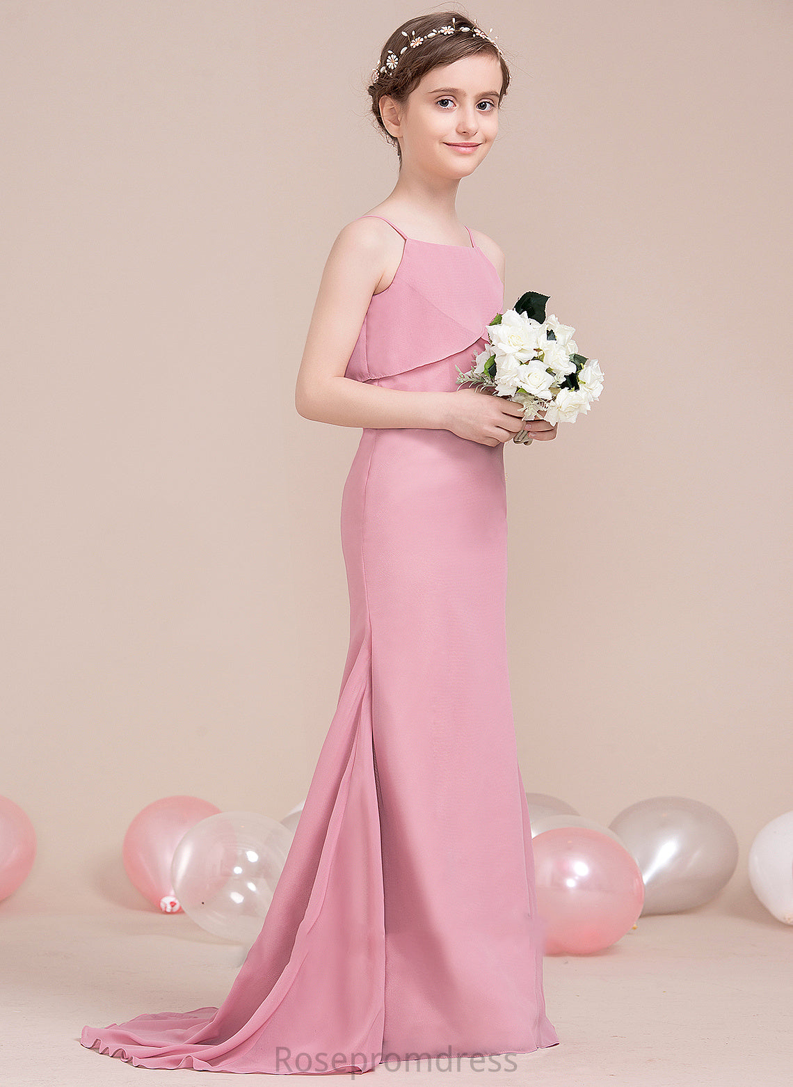 Train Junior Bridesmaid Dresses Hayley Sweep Ruffles Chiffon Cascading Trumpet/Mermaid Neckline With Square