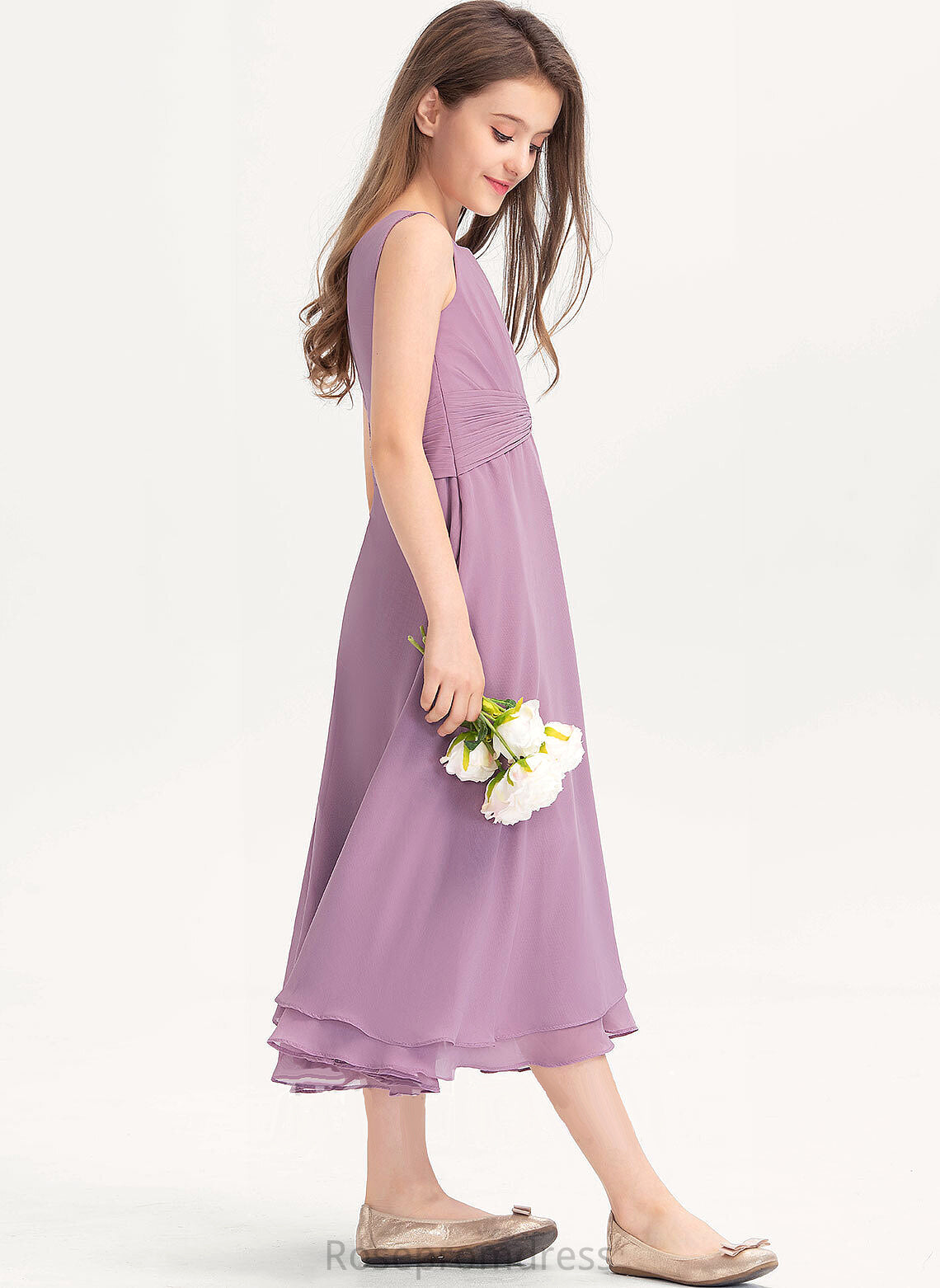 Ruffle Scoop Neck Chiffon Junior Bridesmaid Dresses Tea-Length Aryanna With A-Line