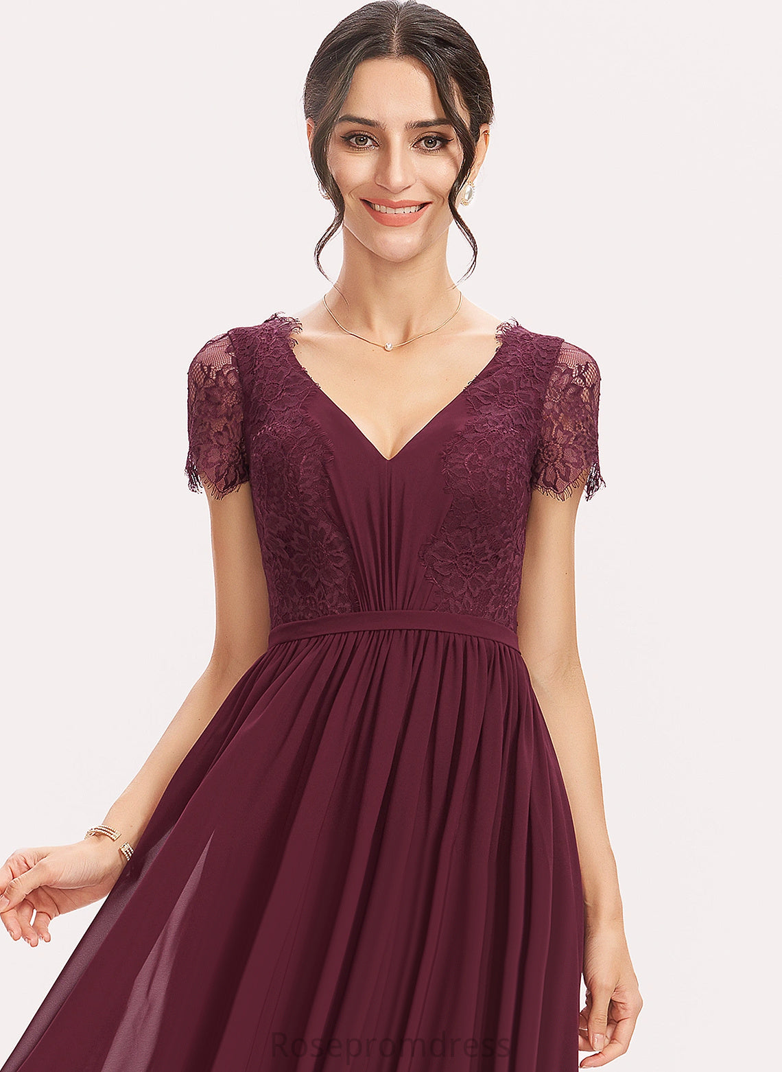 Neckline Lace Fabric Length V-Neck A-line Silhouette Floor-Length Straps&Sleeves Akira Bridesmaid Dresses