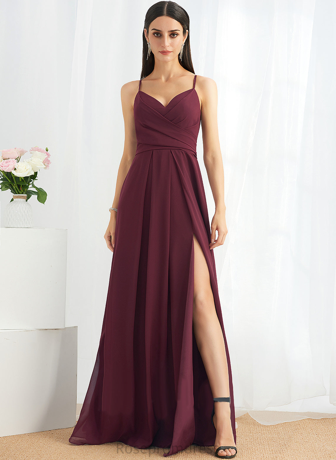 SplitFront Ruffle A-Line Neckline Silhouette Fabric V-neck Floor-Length Embellishment Length Brooklyn Natural Waist Bridesmaid Dresses