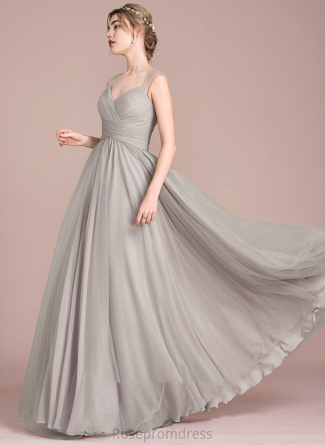 V-neck Cherish Ball-Gown/Princess With Ruffle Beading Prom Dresses Tulle Floor-Length