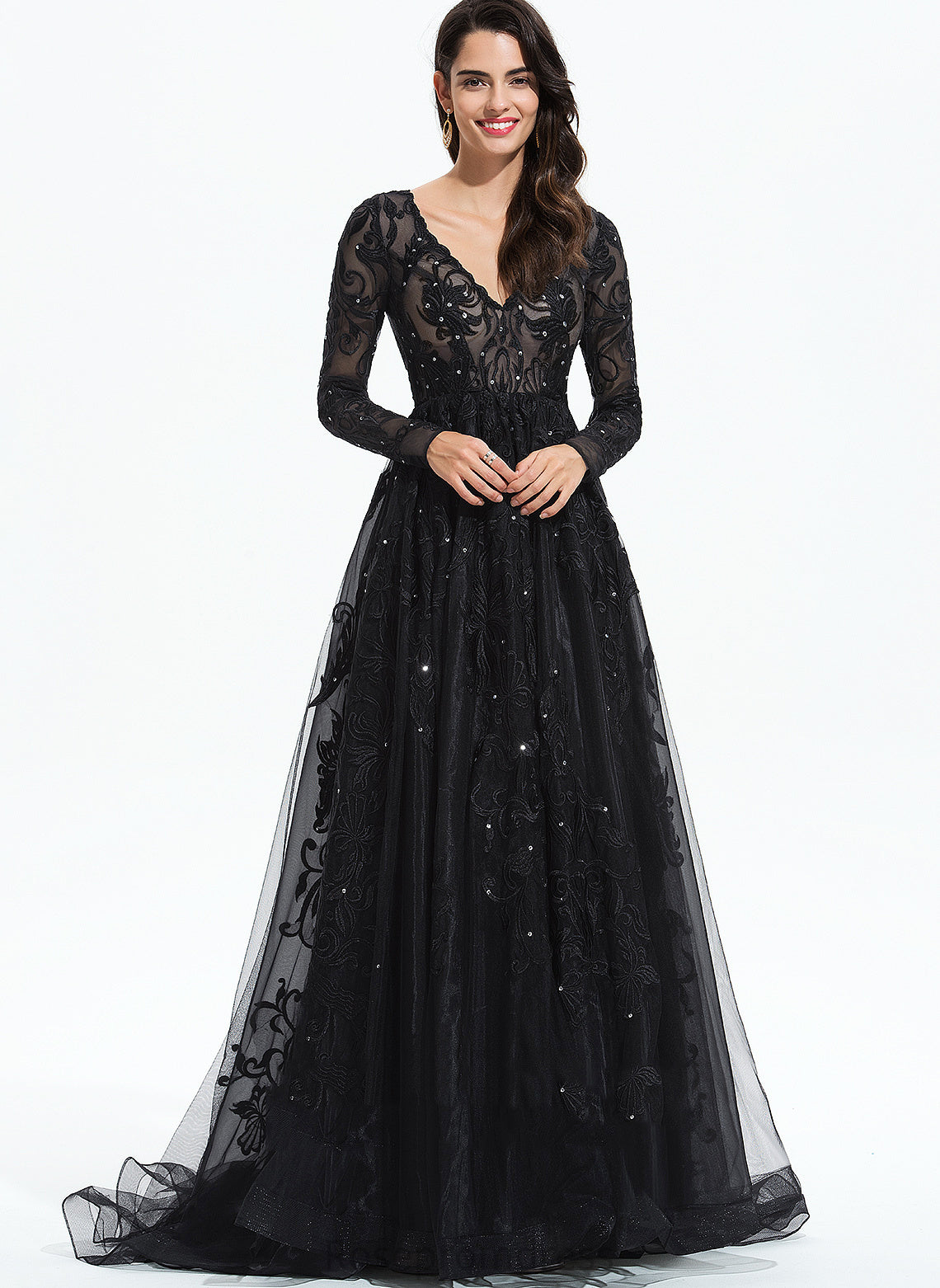 Lace With Tulle Clara Prom Dresses Ball-Gown/Princess Sweep V-neck Train Sequins