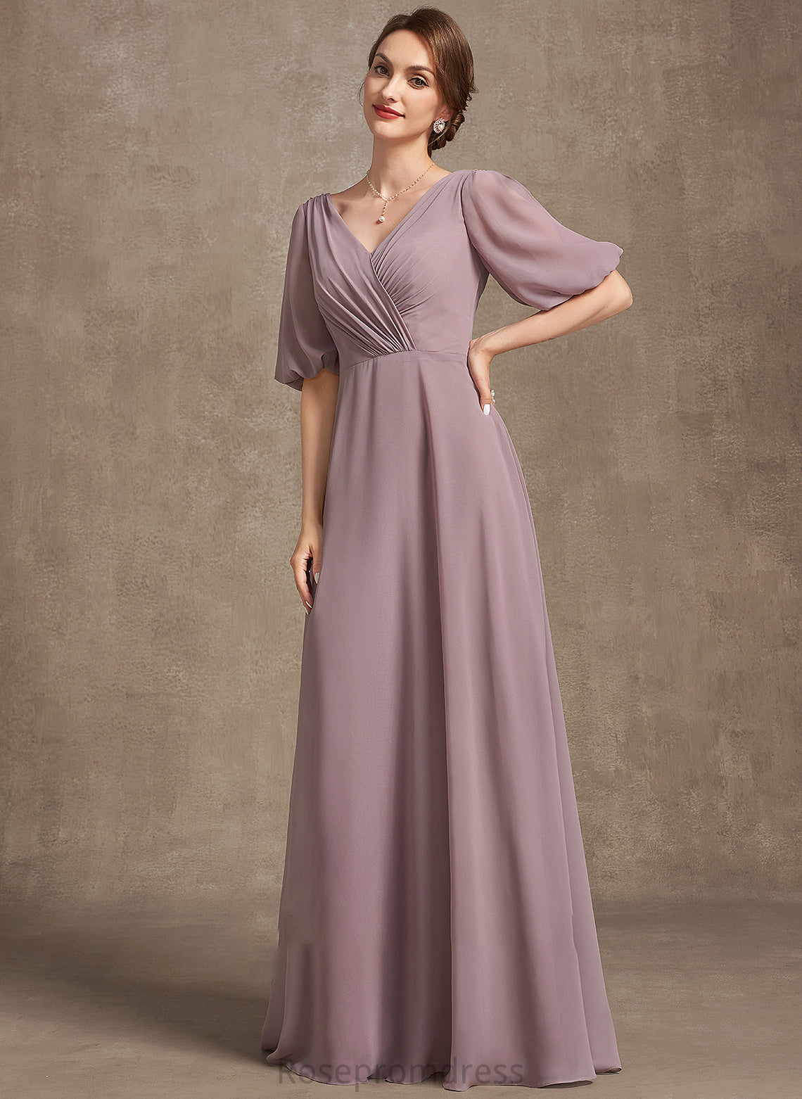 Floor-Length Mother Dress the of Ruffle A-Line V-neck Bride Chiffon Mother of the Bride Dresses With Emely