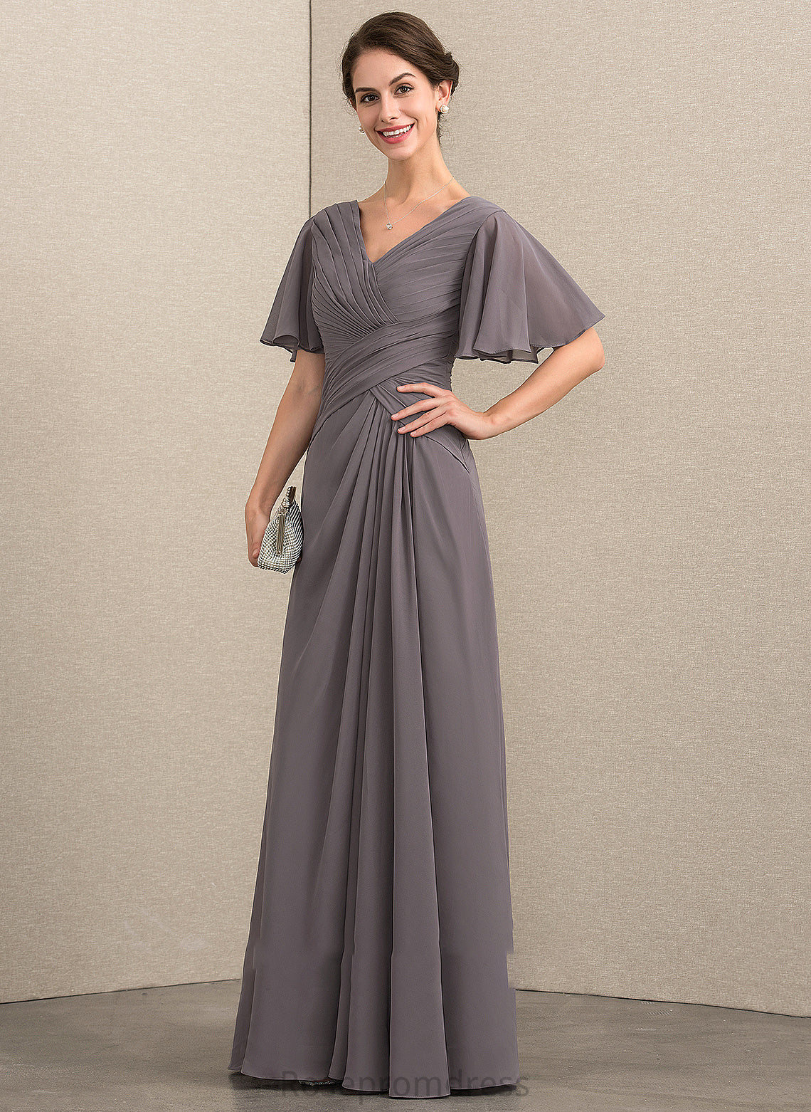 Ruffle Dress Floor-Length With Bride the of Mother Mother of the Bride Dresses Braelyn Chiffon V-neck A-Line