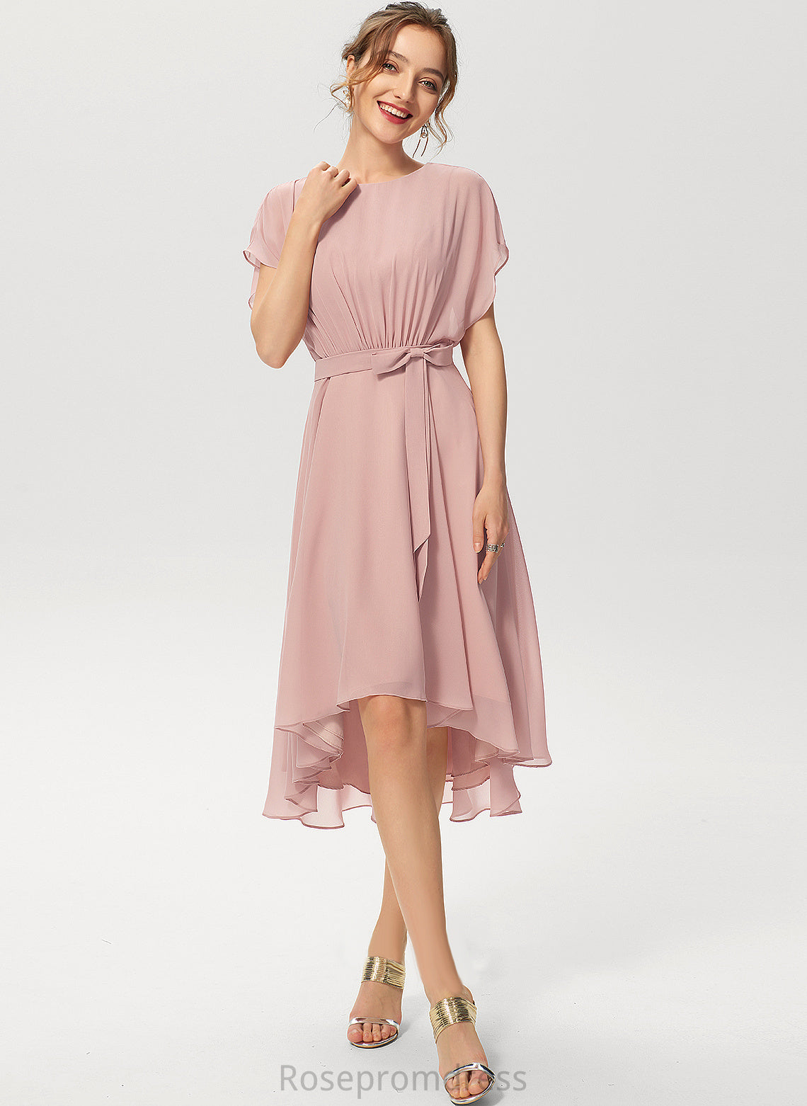 Chiffon Ruffle Rosemary Cocktail Dresses Asymmetrical A-Line Scoop Bow(s) Dress Cocktail With Neck