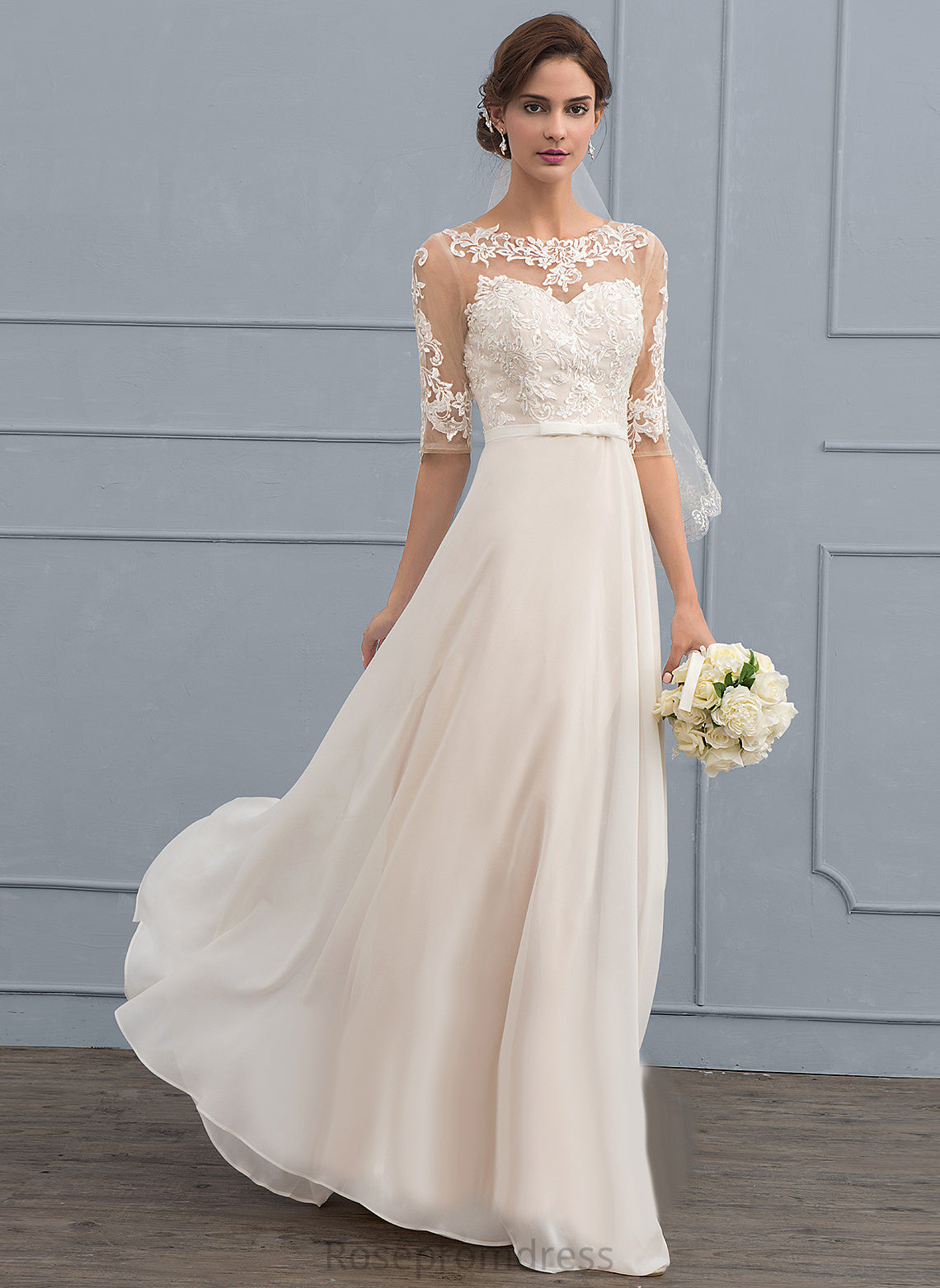 Morgan Lace Bow(s) Beading Illusion Dress Sequins Floor-Length Wedding Dresses A-Line With Wedding Chiffon