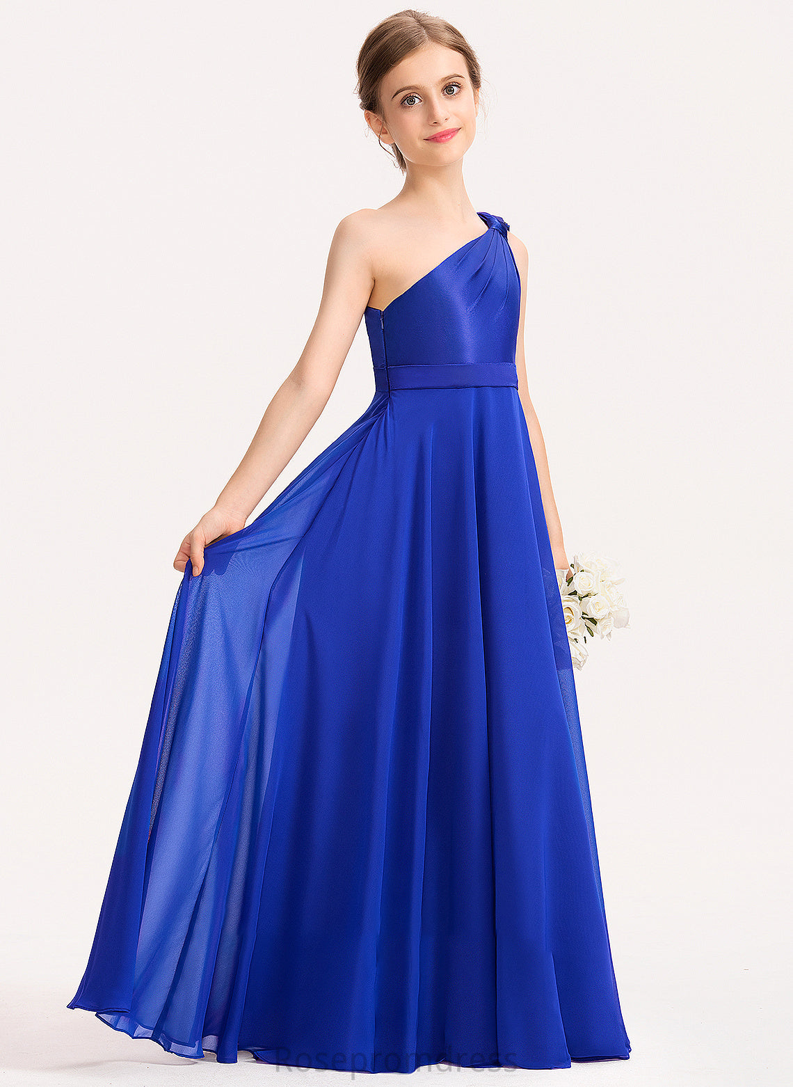 Junior Bridesmaid Dresses With Charmeuse One-Shoulder Chiffon Floor-Length Ruffle A-Line Brynn