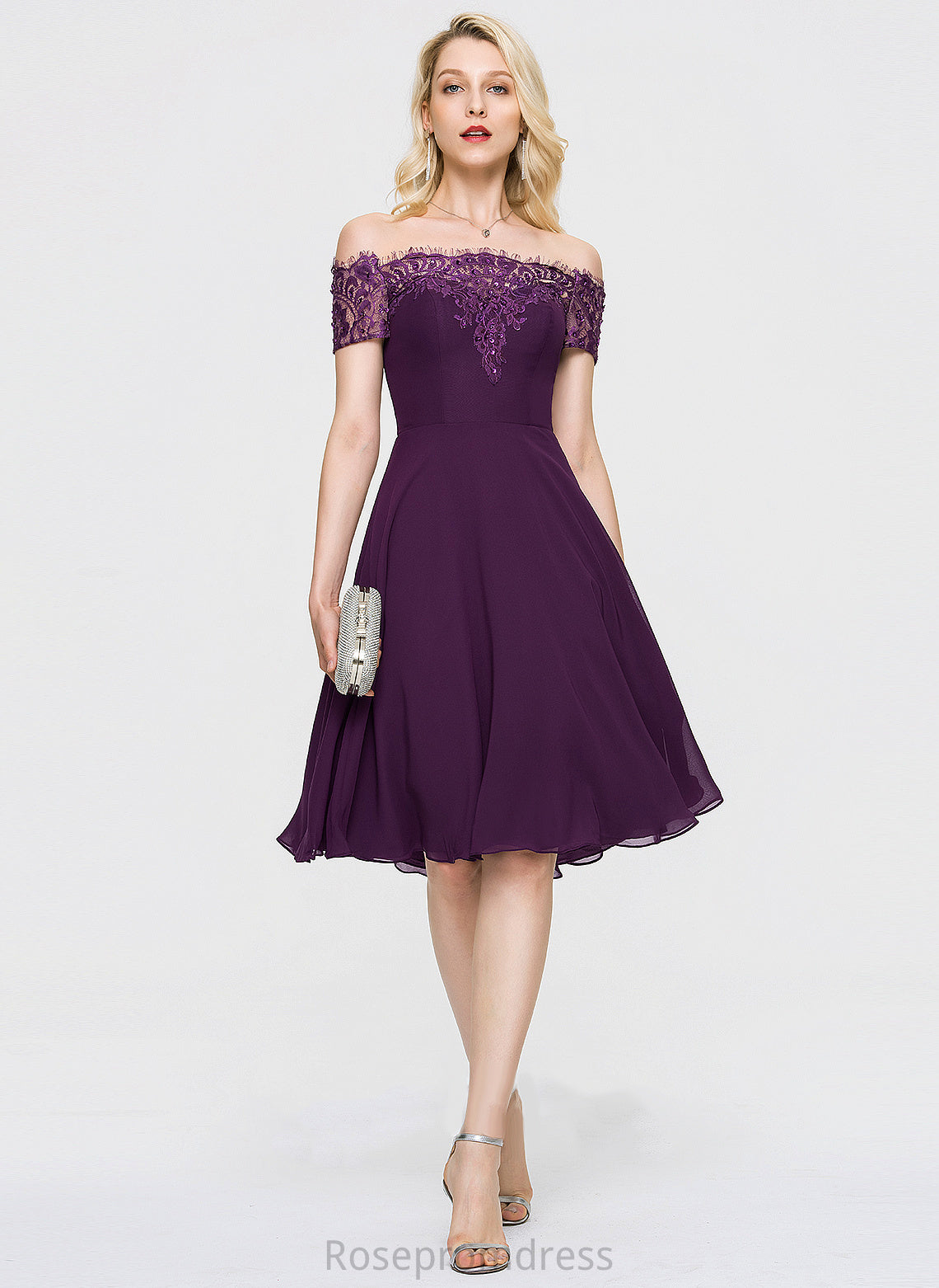 Nydia A-Line Off-the-Shoulder Dress Lace Beading Homecoming Dresses Knee-Length With Homecoming Chiffon