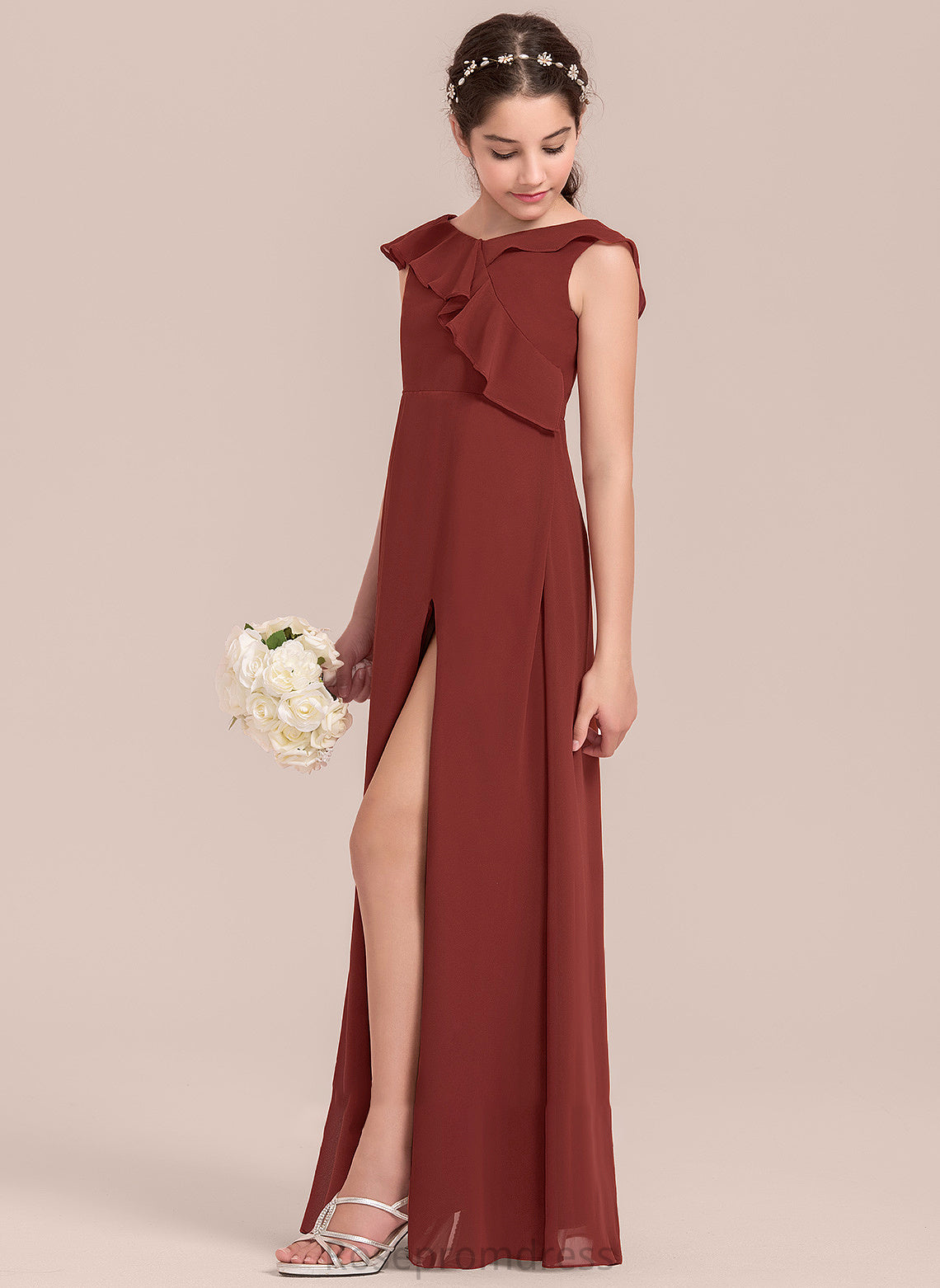 Chiffon Junior Bridesmaid Dresses With Gia Cascading Floor-Length Ruffles V-neck A-Line Split Front