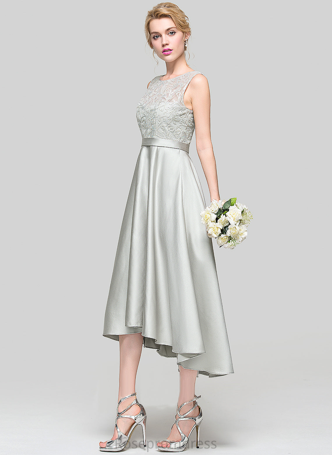 Silhouette Length Neckline Straps Lace Fabric A-Line ScoopNeck Asymmetrical Satin Abbie Natural Waist Bridesmaid Dresses