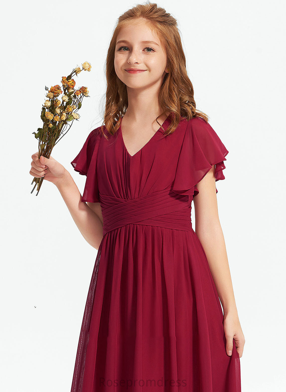 V-neck A-Line Ruffle Jayden Chiffon With Floor-Length Junior Bridesmaid Dresses