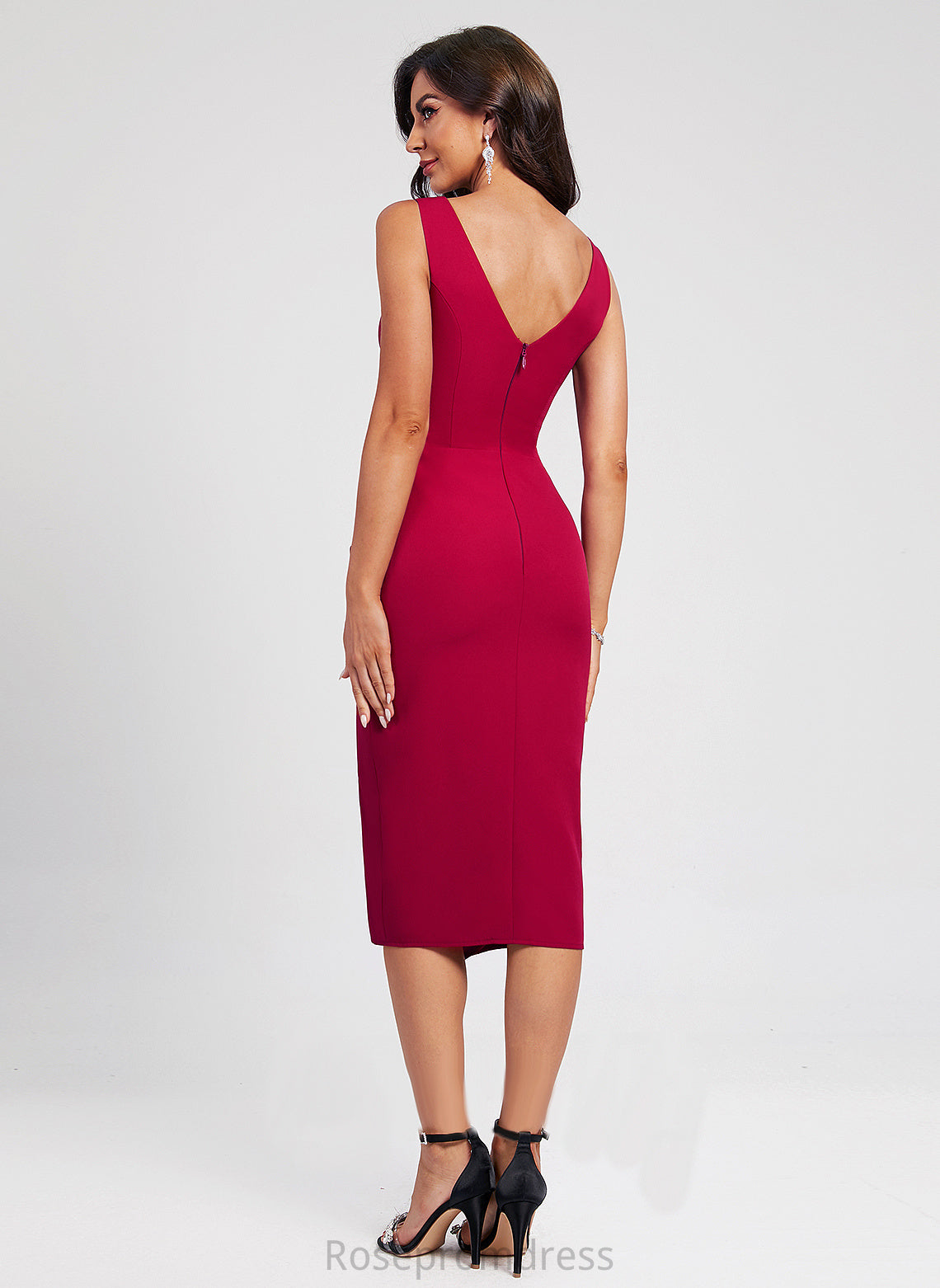 V-neck Knee-Length Dress Ruffle Front Cocktail Split Club Dresses Bodycon With Isabell Stretch Crepe