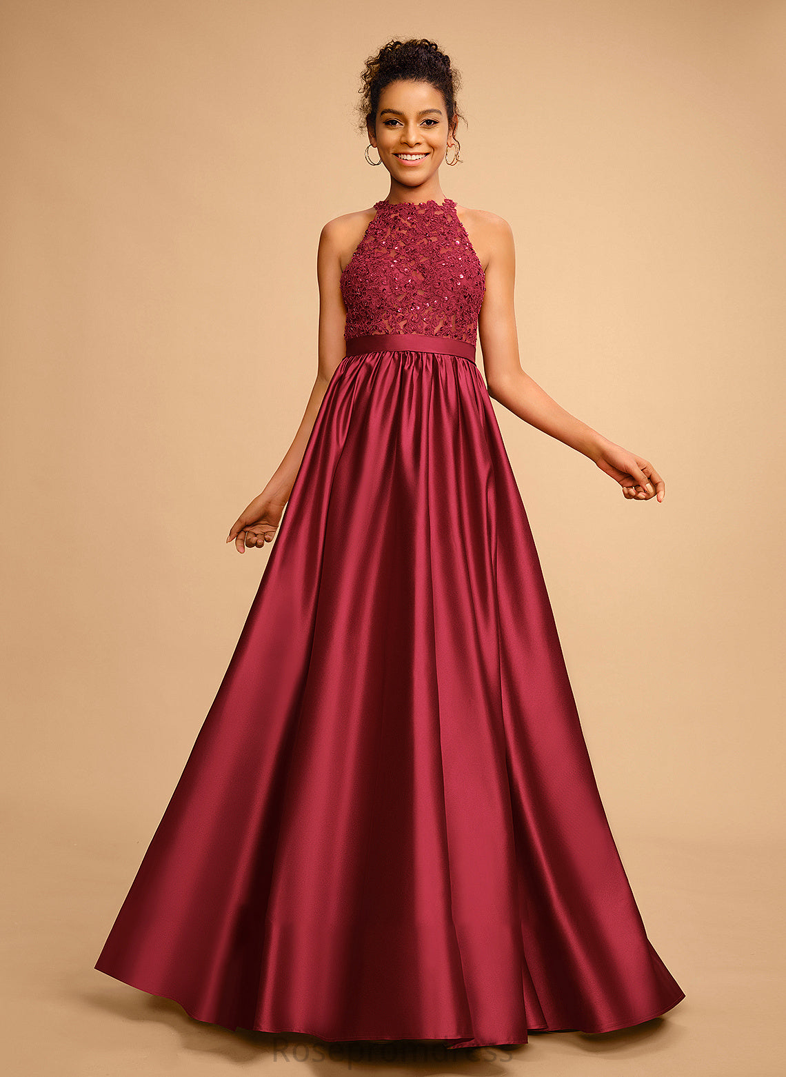 Jolie Satin Ball-Gown/Princess Prom Dresses With Sequins Floor-Length Halter