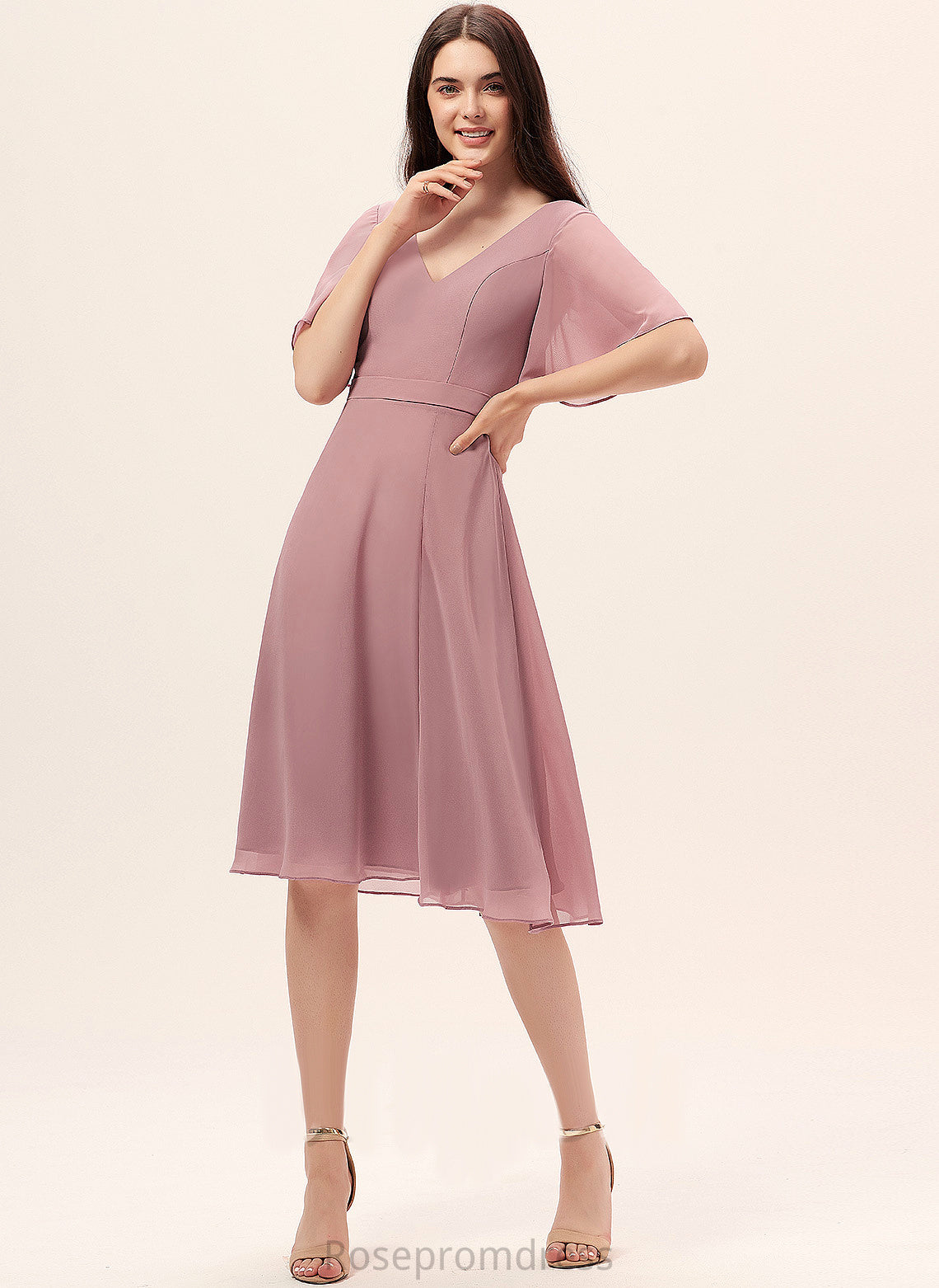 Silhouette Fabric A-Line Straps&Sleeves Knee-Length Length Neckline V-neck Leanna Bridesmaid Dresses