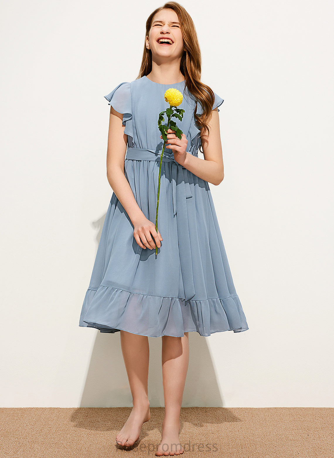 Knee-Length Scoop With Saige Chiffon A-Line Cascading Junior Bridesmaid Dresses Neck Ruffles Bow(s)