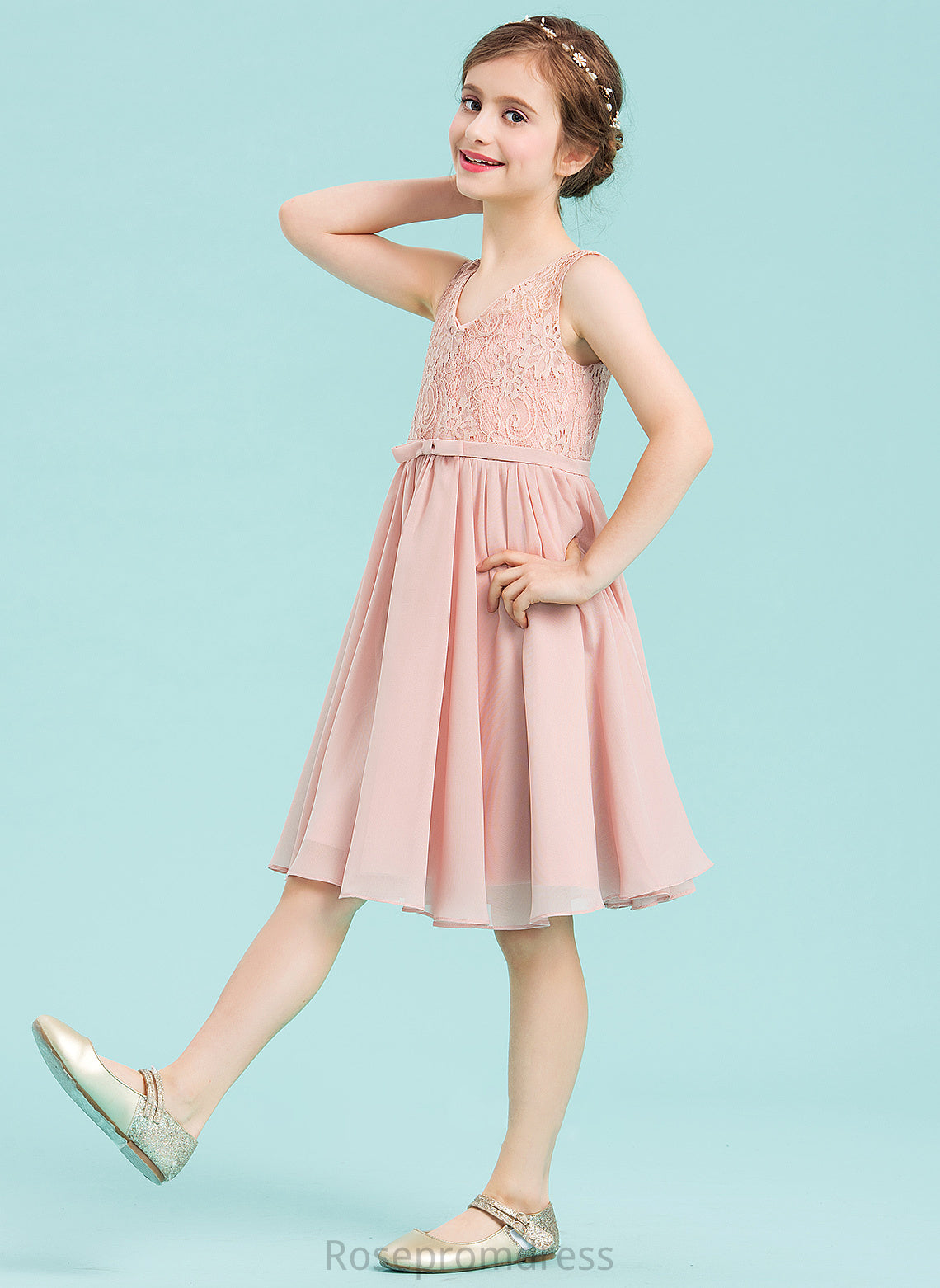 A-Line With Knee-Length Chiffon Bow(s) Junior Bridesmaid Dresses Wendy V-neck