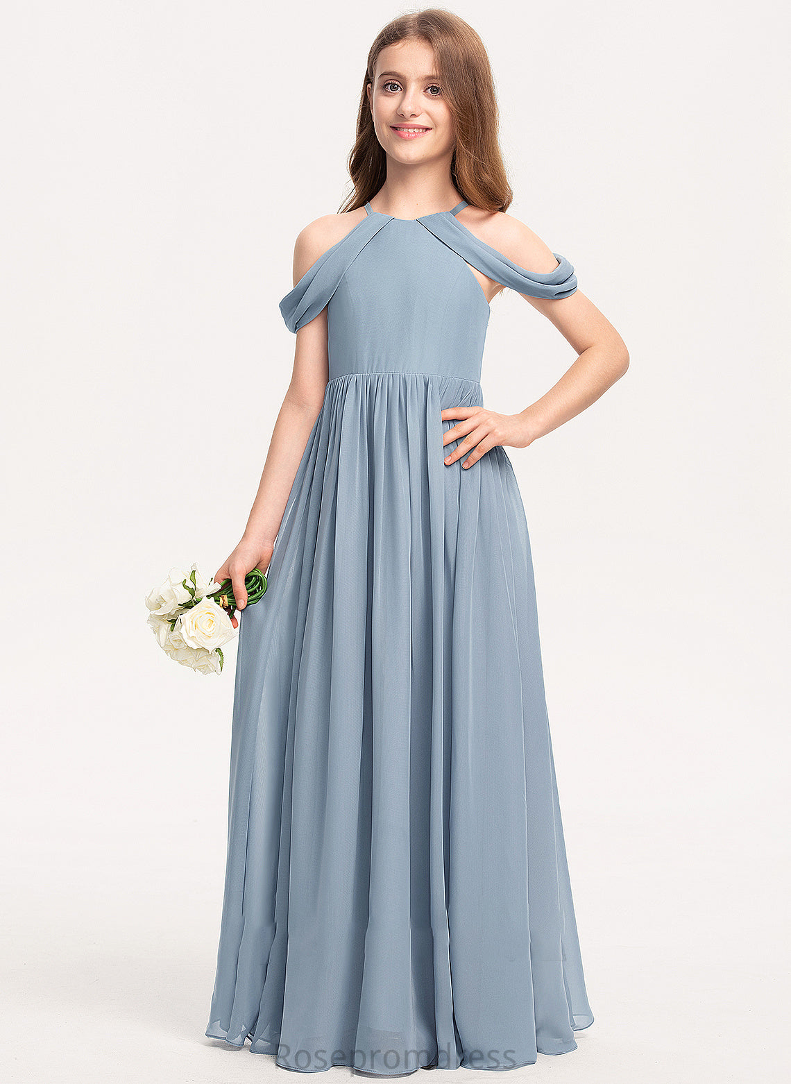 Ruffle Fiona Chiffon Floor-Length Scoop A-Line With Neck Junior Bridesmaid Dresses