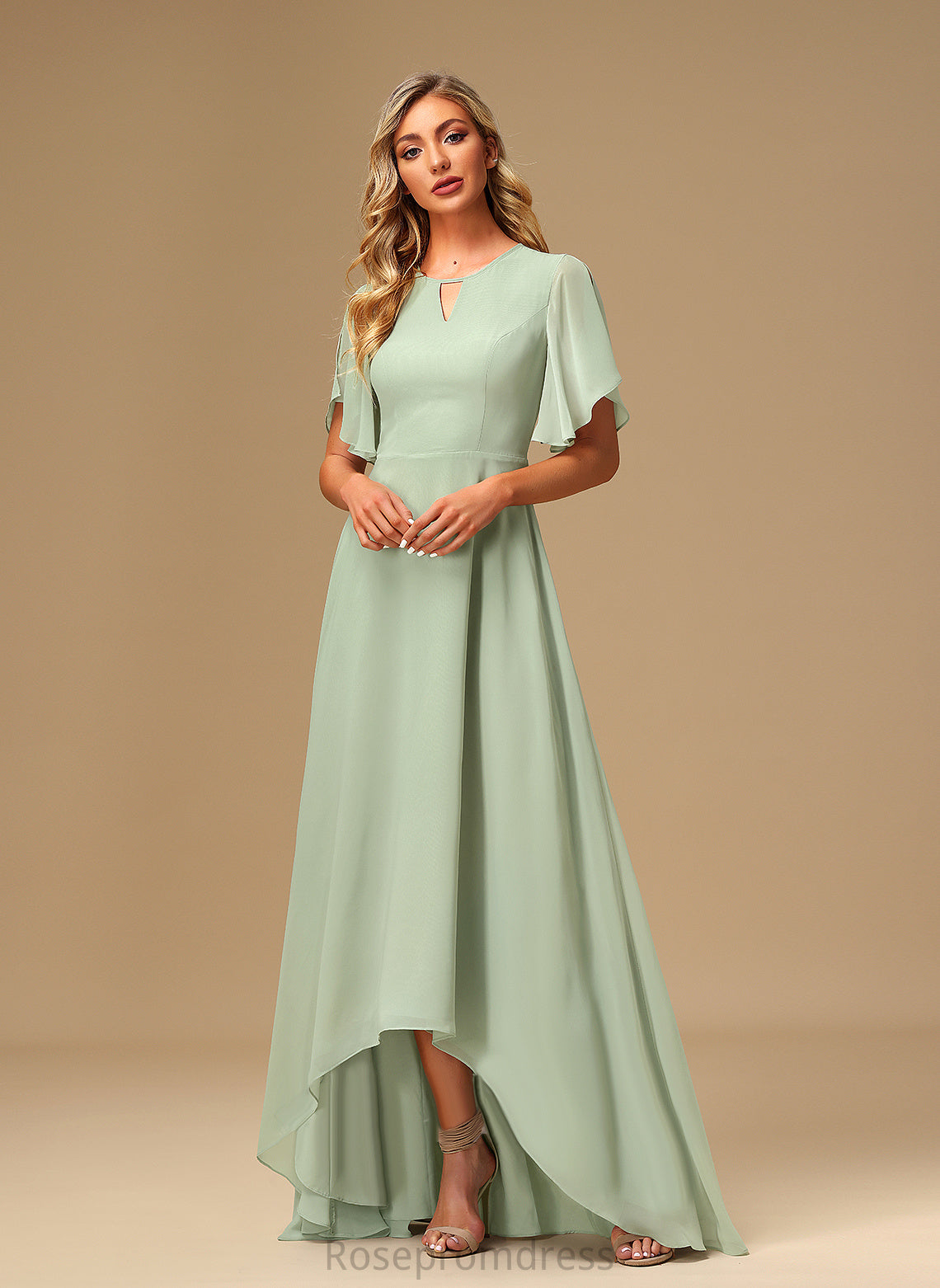 A-line Silhouette Straps&Sleeves Length Fabric BackStyle ShortSleeves Asymmetrical Viviana Bridesmaid Dresses