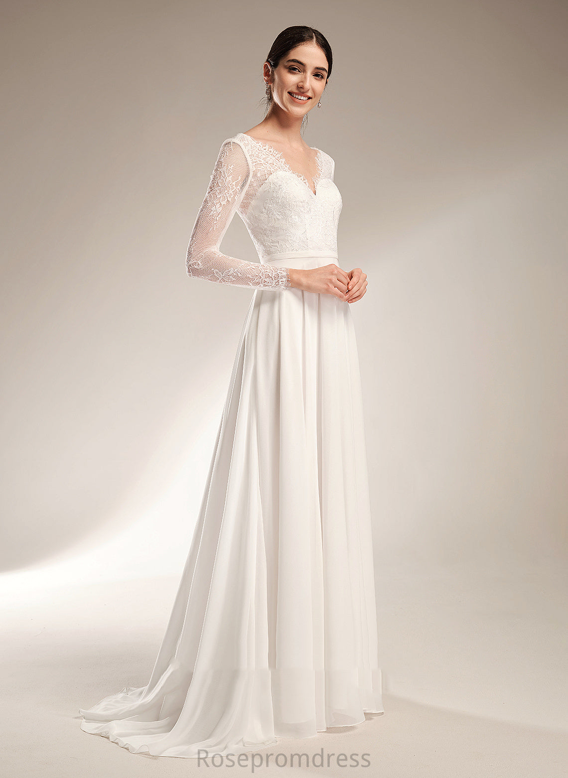 A-Line Wedding Caitlin V-neck Wedding Dresses Train Lace Chiffon Sweep Dress