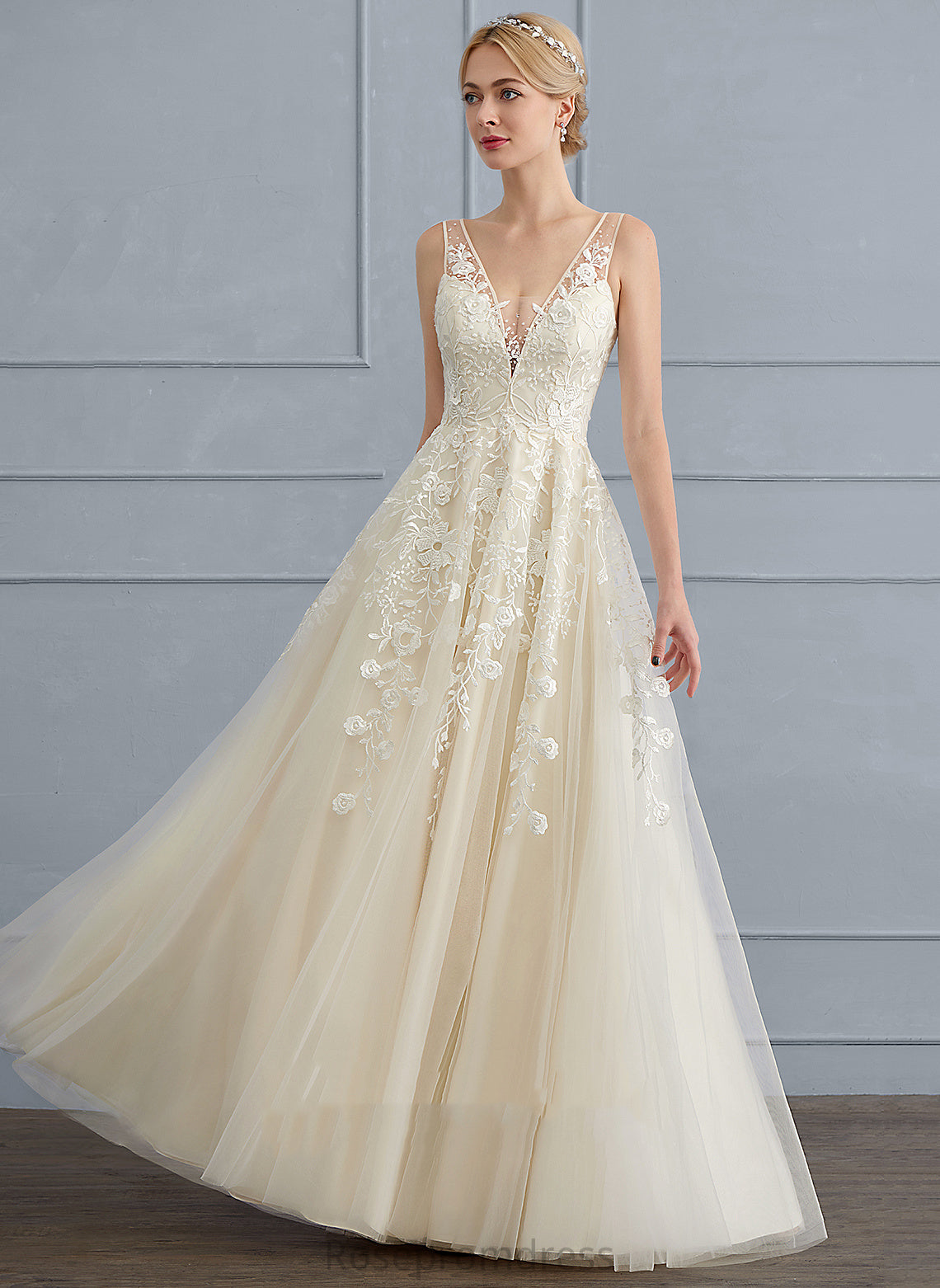 Dress A-Line With Lace Sequins Setlla V-neck Floor-Length Wedding Beading Tulle Wedding Dresses