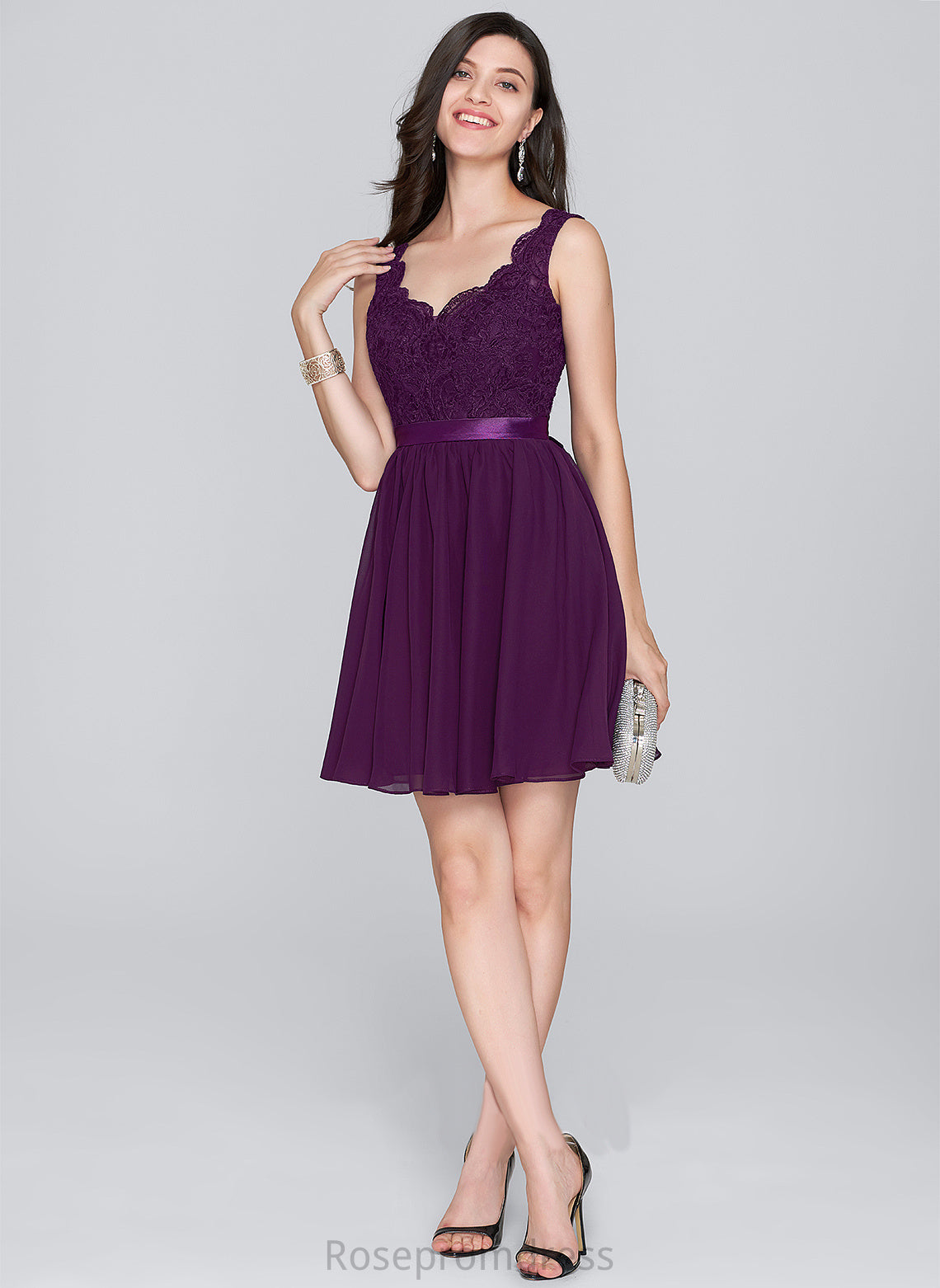 Lace Chiffon A-Line Short/Mini With Homecoming Dresses V-neck Bow(s) Dress Homecoming Luz